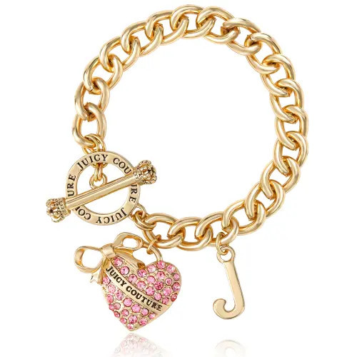 Juicy Couture Pink Pavé Heart Toggle Bracelet, Gold-Tone Curb Chain in Gold Tone at Nordstrom, Size 7.5 | Nordstrom