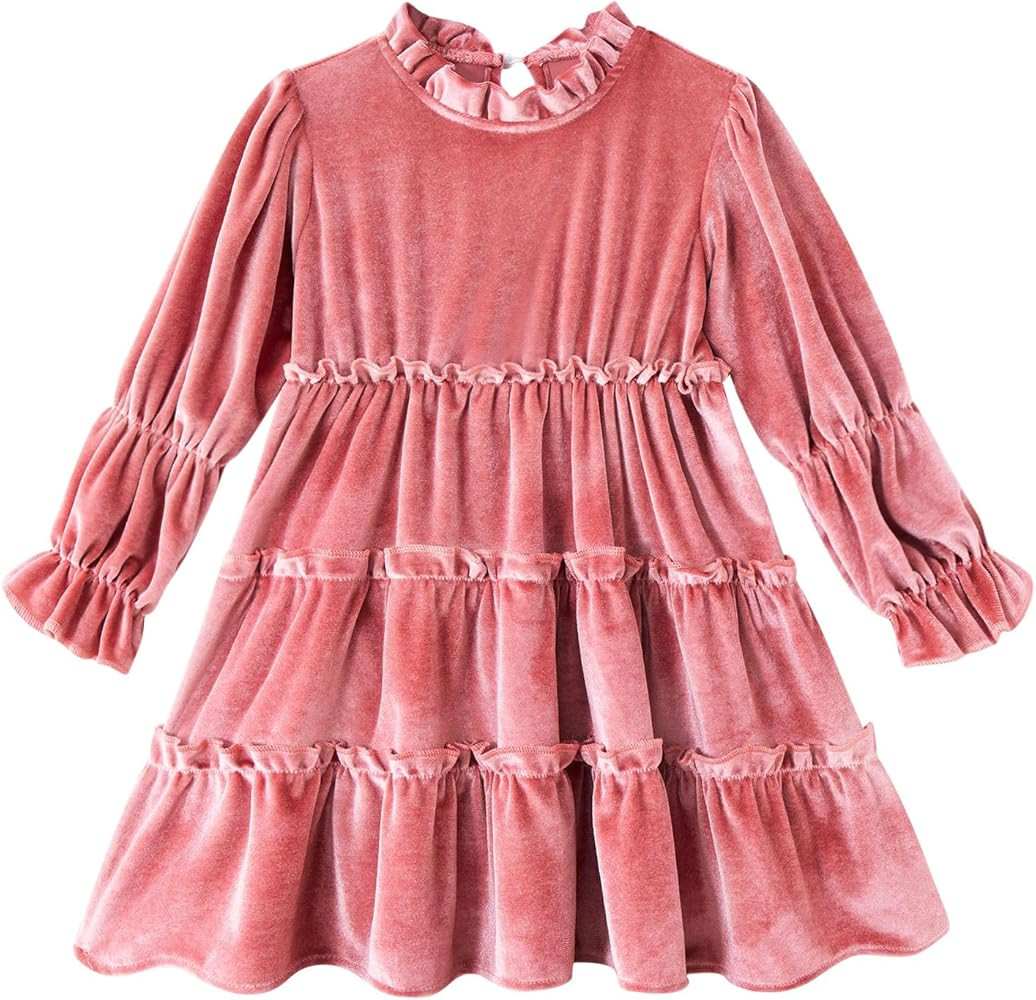 Move Dance Toddler Girls Velvet Dress Ruffle Neck Long Sleeves Dresses Fall Winter Outfit 2-6T | Amazon (US)