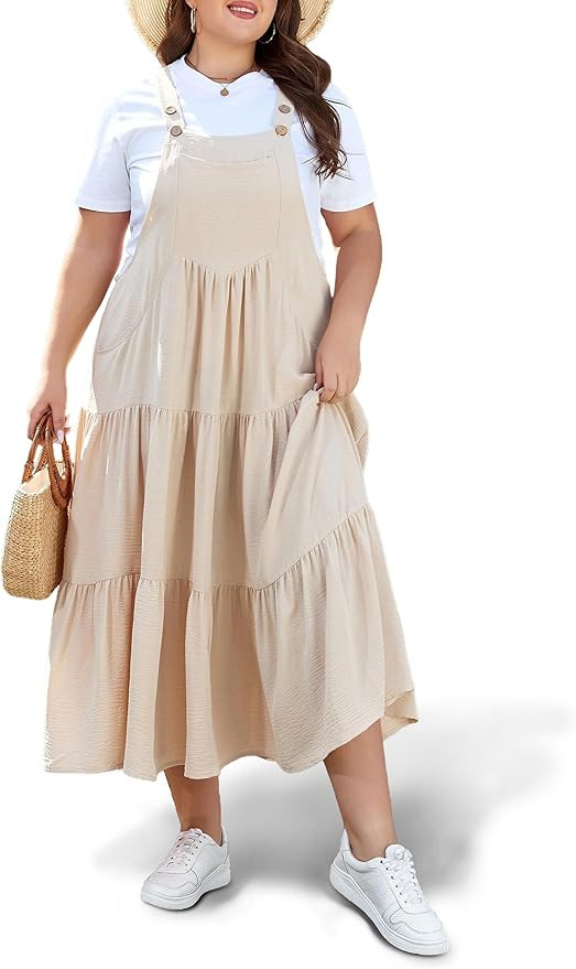 Moon Wood Plus Size Overall Dress for Women Jumper Dress with Pockets Summer Casual Adjustable St... | Amazon (US)