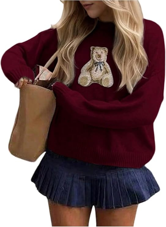 Floerns Women's Bear Long Sleeve Pullover Sweater Cute Crew Neck Knitted Tops | Amazon (US)