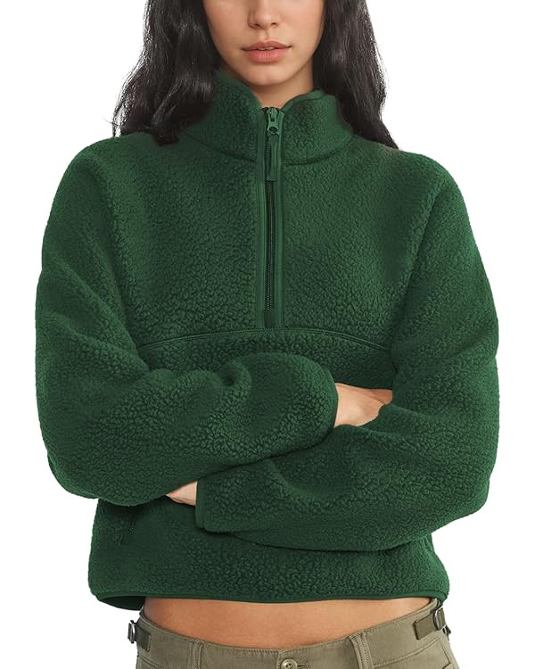 Womens Fleece Sweatshirts Cropped Half Zip Fuzzy Warm Sherpa Pullover Varsity Jackets with Zipper... | Amazon (US)