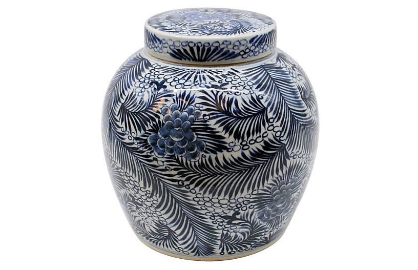 12" Blooming Palm Jar, Blue/White | One Kings Lane