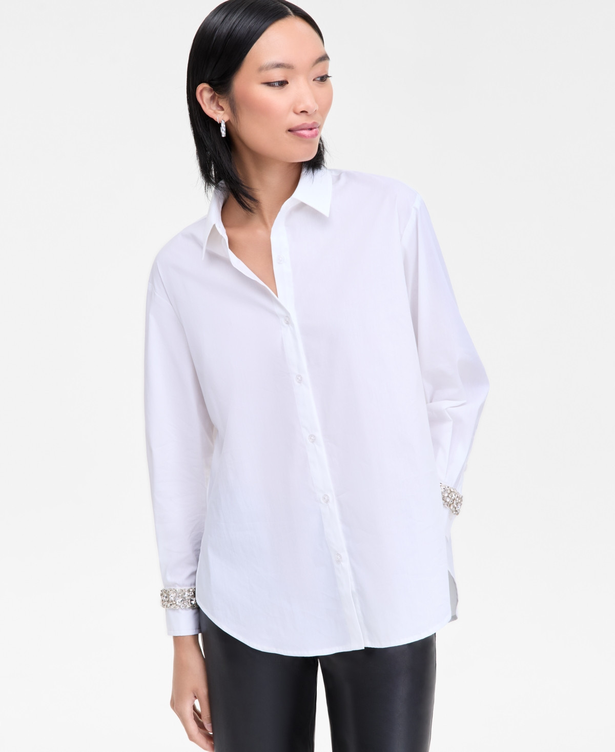 I.n.c. International Concepts Women's Embellished-Cuff Relaxed Shirt, Macy's Exclusive - Bright Whi | Macy's