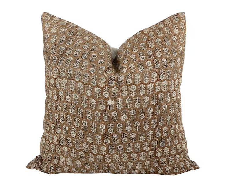 MARGEAUX TAN | Designer Camel Floral Linen Pillow Cover, Block Print Pillow, Caramel Color Pillow... | Etsy (US)