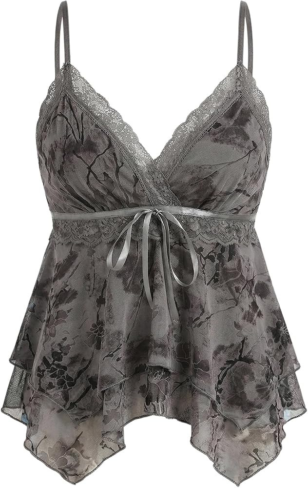 Verdusa Women's Y2K Tops Babydoll Summer Tank Tops Going Out Floral Lace Flowy Mesh Shirt Whimsic... | Amazon (US)