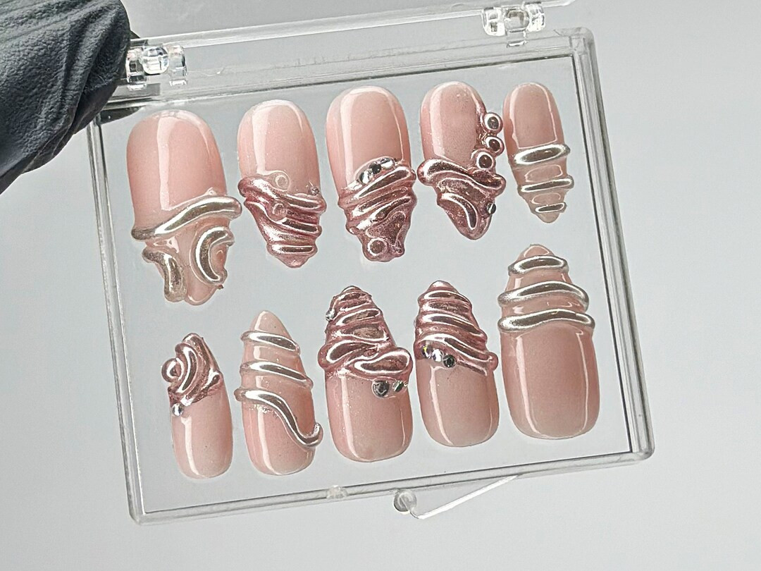 Luxury Rose Gold Press On Nails | Unique 3D Chrome Accents On Fake Nails | French Tips chrome Nai... | Etsy (US)