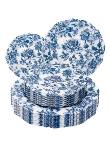 WDF 20PCS Blue Plastic Plates - Baroque White and Blue Plates - Chinoiserie Floral Party Decorations for Birthday/Tea Party/Spring | Amazon (US)