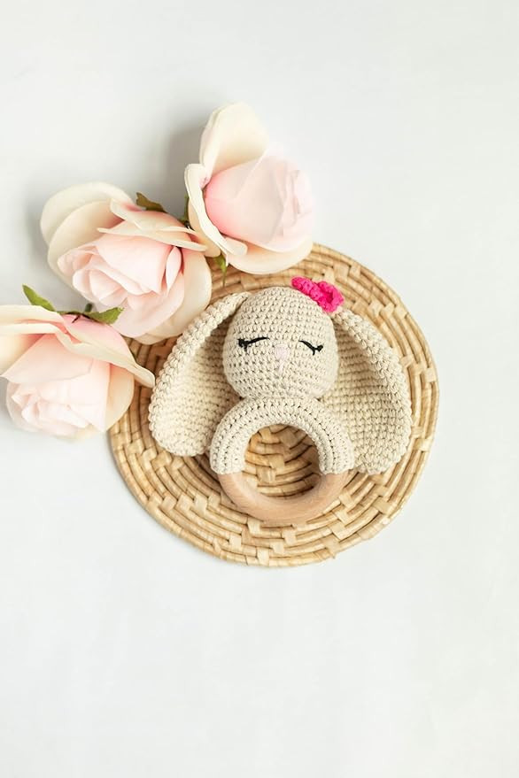 Wooden Baby Rattle - Bunny Handcrafted Newborn Toys 0-6 Months - Organic Crochet Stuffed Animal S... | Amazon (US)