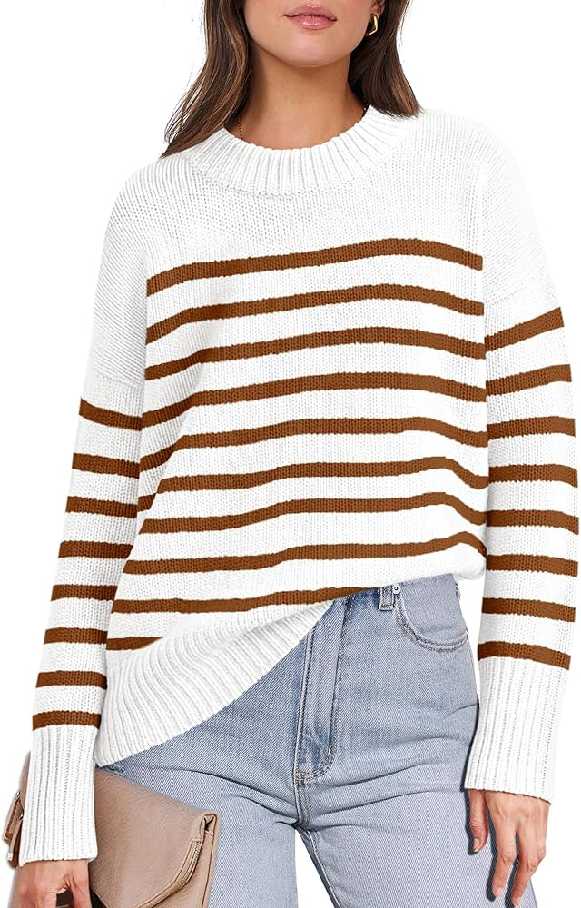 ANRABESS Women Fall Fashion Sweaters Striped Long Sleeve Crewneck Loose Fit Cozy Knit Trendy Pull... | Amazon (US)