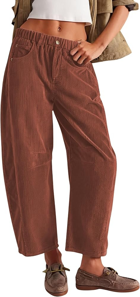SeekMe Women's Corduroy Pants Barrel Mid-Rise Elastic Waist Cord Pants Casual Wide Leg Baggy Trou... | Amazon (US)