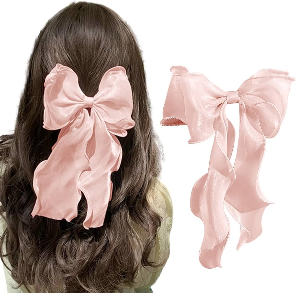 papasgix Hair Bow Clips: Solid Color Long Silk Ribbon Bows for Women and Girls (1, Pink) | Amazon (US)