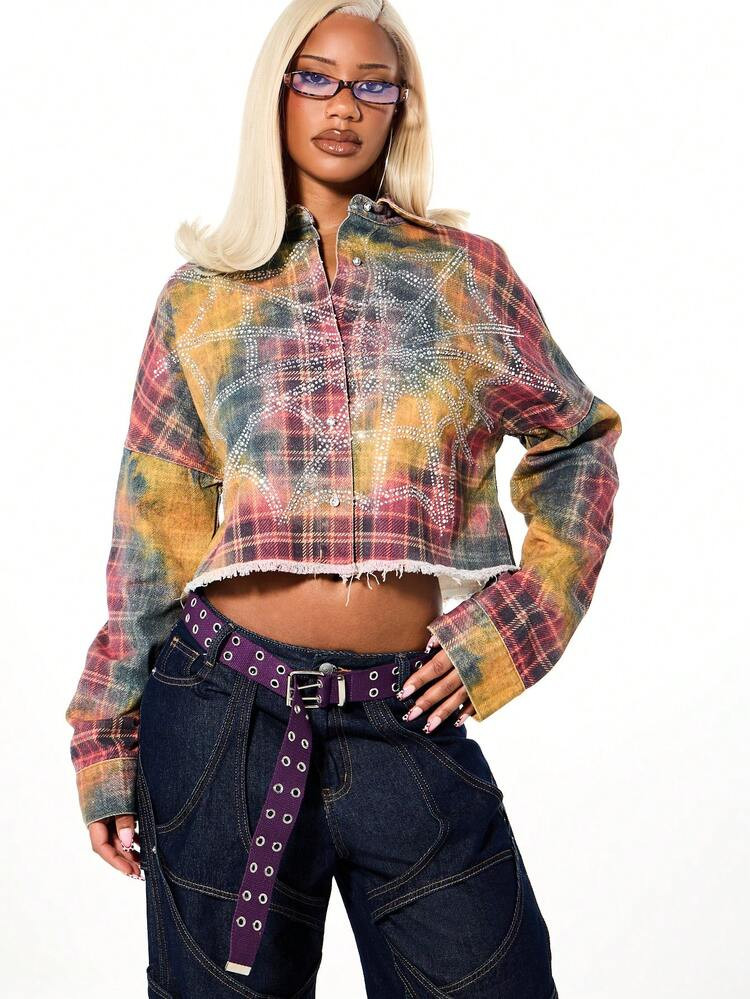 SUMWON WOMEN Women's Oversized Acid Wash Check Rhinestone Cropped Boxy Denim Jacket Fall Winter B... | SHEIN