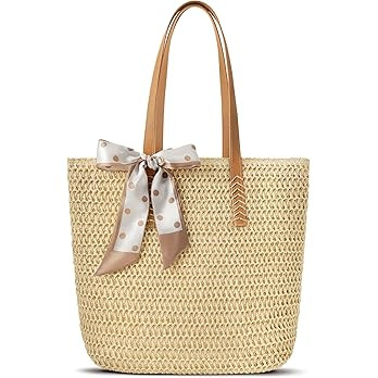 Beach Bags for Women - Straw Bag with Zipper, Soft Woven beach bag, Casual Straw Shoulder Bag for... | Amazon (US)