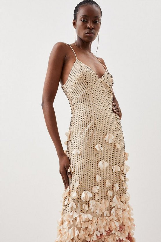 Floral Applique Woven Strappy Maxi Dress | Karen Millen US