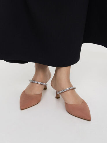 Ambrosia Textured Gem-Embellished Pointed-Toe Mules
 - Nude | Charles & Keith US