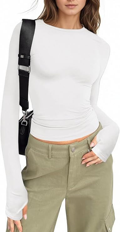 Fisoew Womens Long Sleeve T Shirts Crew Neck Basic Fall Fitted Tops Running Yoga Athletic Shirts ... | Amazon (US)