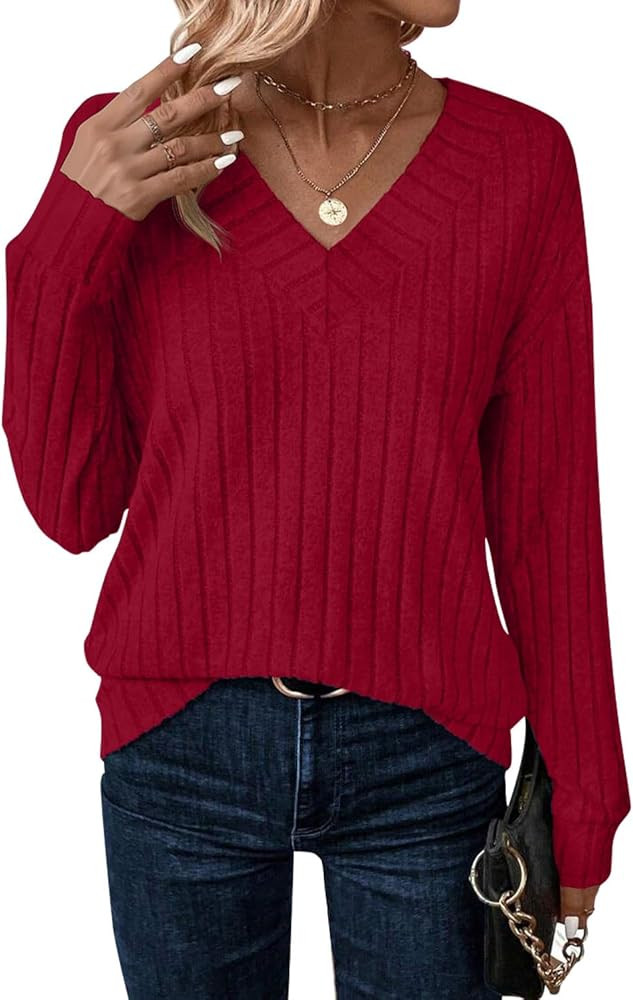 JUSTFASHIONNOW Long Sleeve V Neck Shirts for Women Fall Tops Lightweight Sweaters Dressy Casual T... | Amazon (US)
