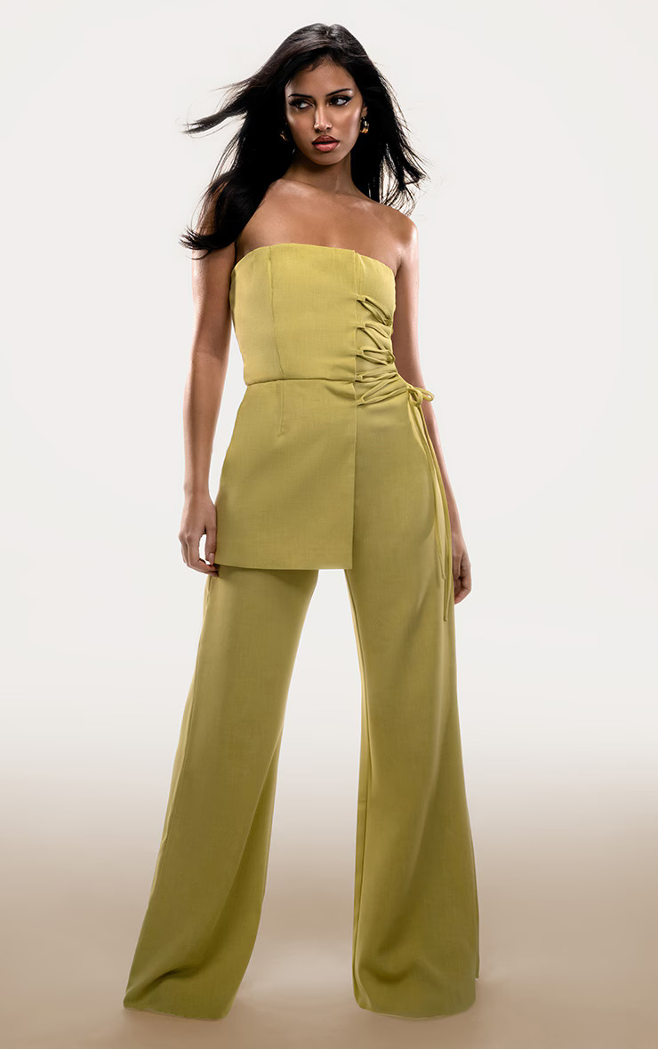 PLT Label Chartreuse Overlay Panel Lace Up Tailored Jumpsuit | PrettyLittleThing UK