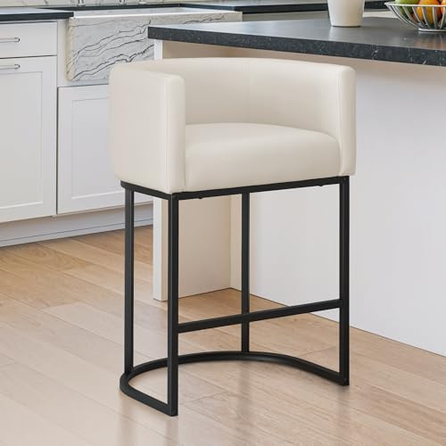 LUE BONA 27" H Counter Height Bar Stools, Modern Barrel Counter Stools with Backrest and Arms, Black Metal Frames, Faux Leather Upholstered Accent Barstools for Kitchen Island, Antique White | Amazon (US)