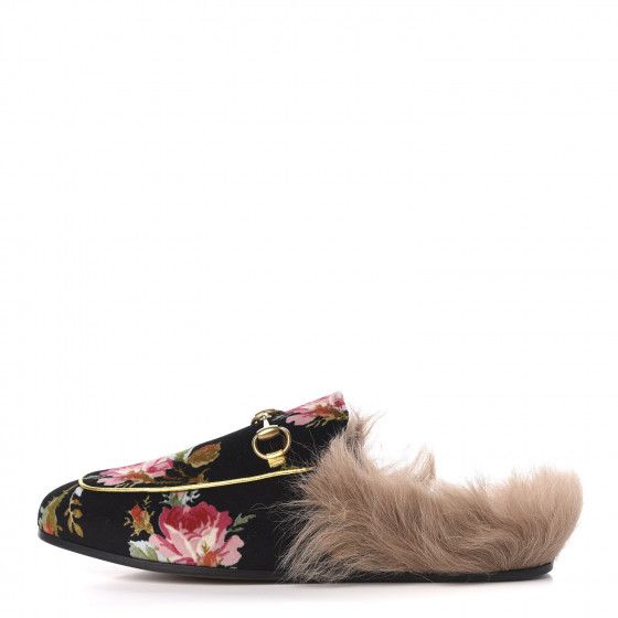 GUCCI Velvet Fur Floral Princetown Slippers 36.5 Black | Fashionphile