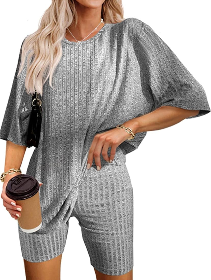 Ribbed Knit Lounge Set for Women Pajama Set 2 Piece Outfits Oversized T-Shirt and Biker Shorts Se... | Amazon (US)
