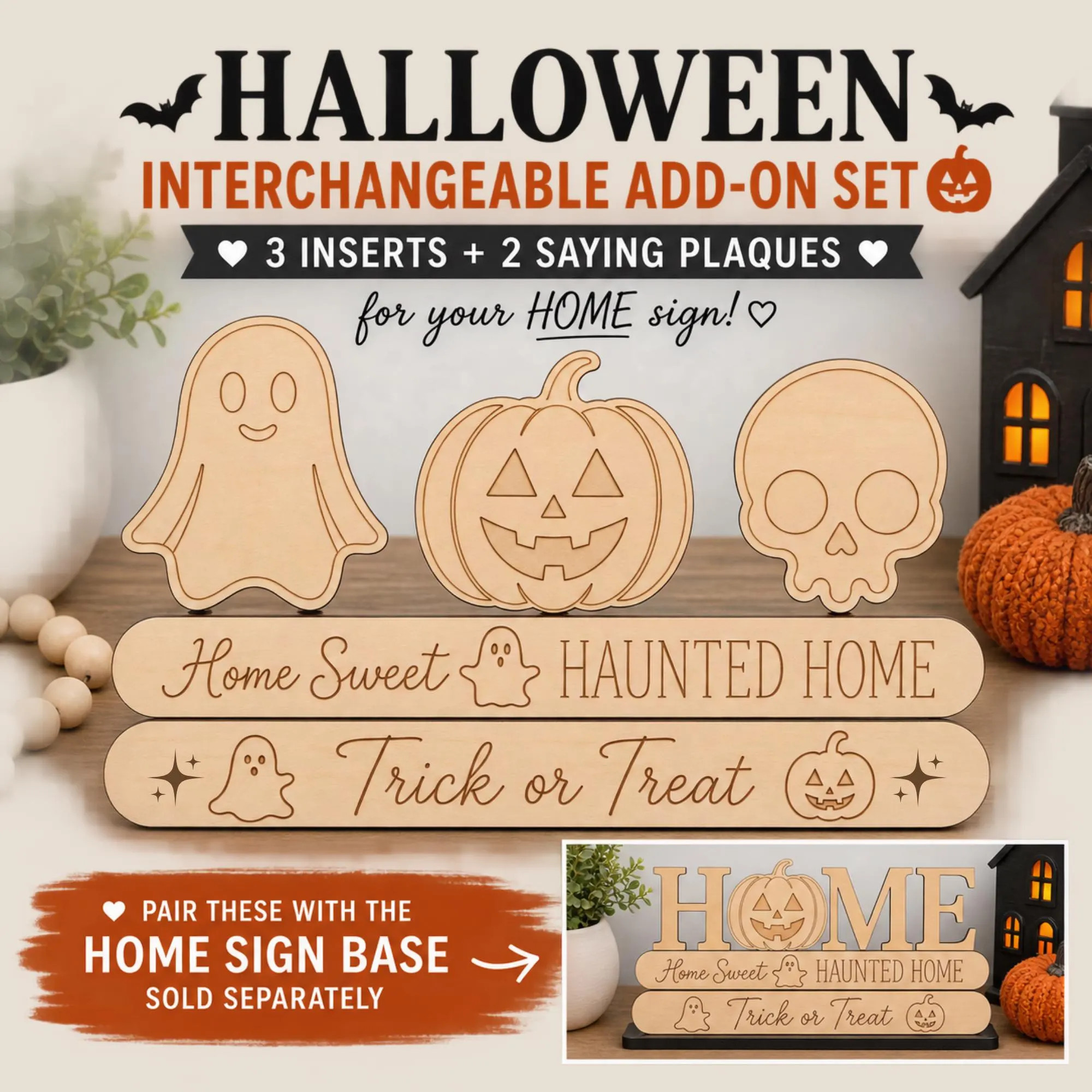 Halloween Interchangeable HOME Sign Inserts, Ghost Pumpkin Skull, Trick or Treat Haunted Home Plaques, DIY Wood Decor Add On | Etsy (Global)
