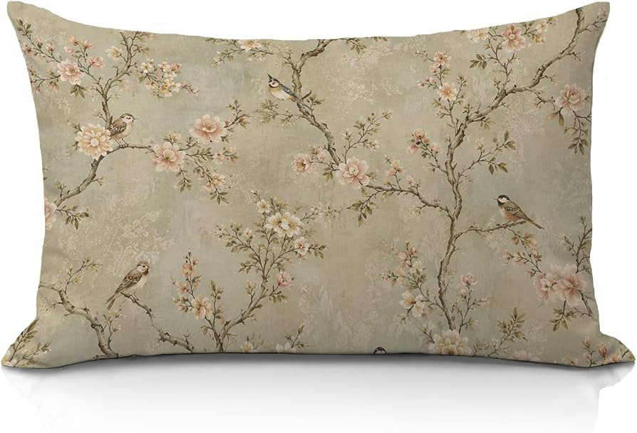 Chinoiserie Pink Floral Bird Decorative Pillow Cover 12x20 | Amazon (US)