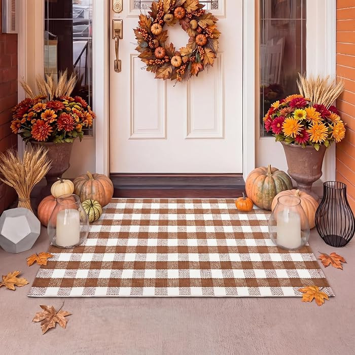 Drydiet Fall Buffalo Plaid Outdoor Rug 2' x 3' Thanksgiving Front Porch Door Mat, Cotton Woven Brown and White Layering Rug, Washable Farmhouse Doormat for Entryway Kitchen Patio Decor | Amazon (US)