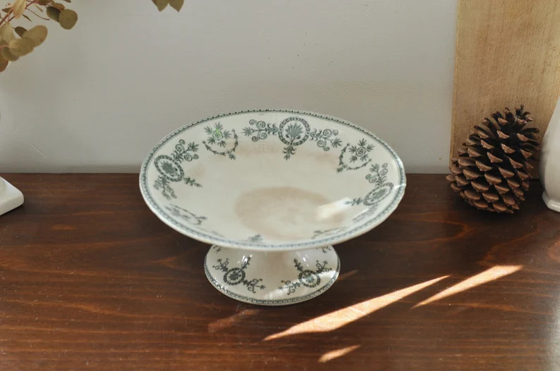 French Antique Compotier by GIEN, "Malmaison" pattern, Tea Stained Cake Stand, Dark Green Transfe... | Etsy (UK)