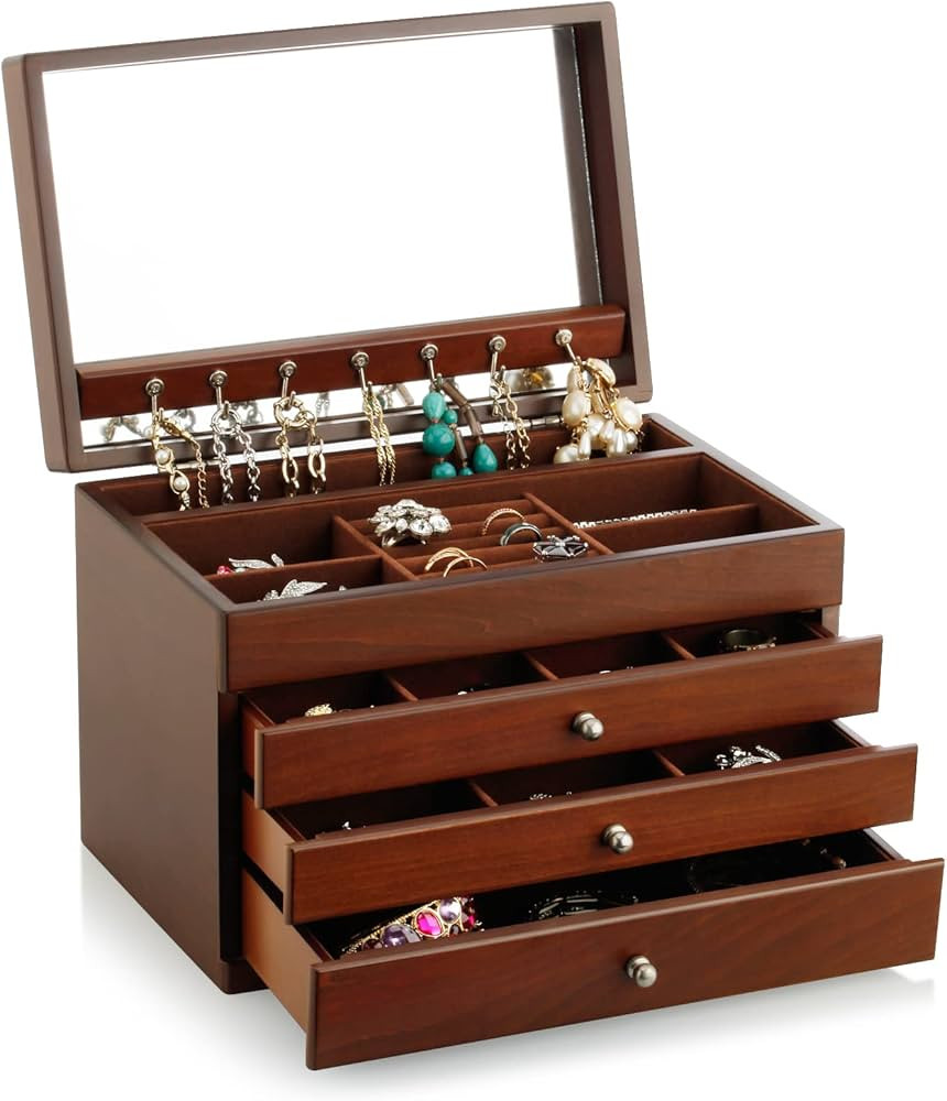 A&A Large Solid Wooden Jewelry Organizer Box with 3 Drawers Storage Case Devices and Mirror for W... | Amazon (US)
