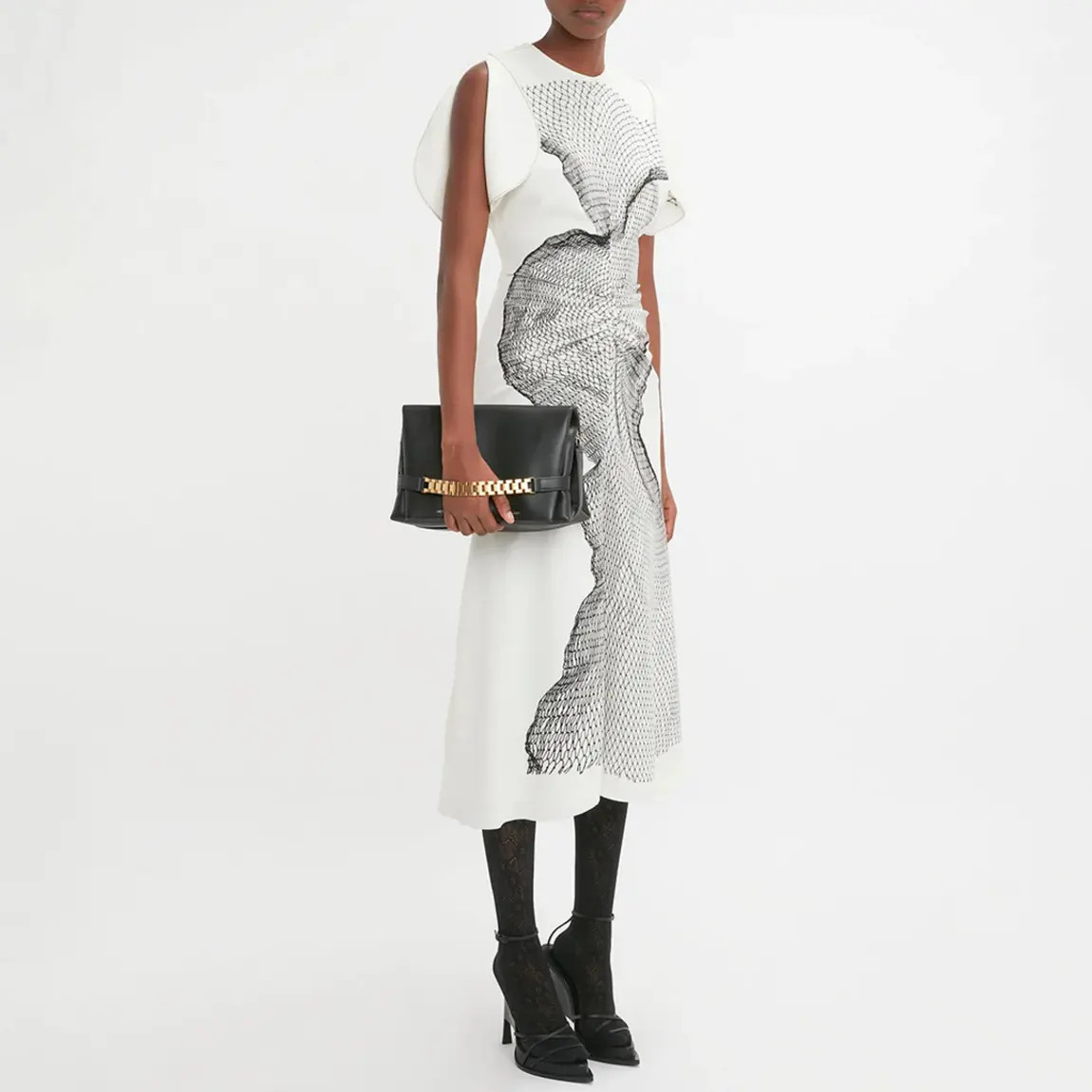 White Printed Gathered Waist Midi Dress | BrandAlley