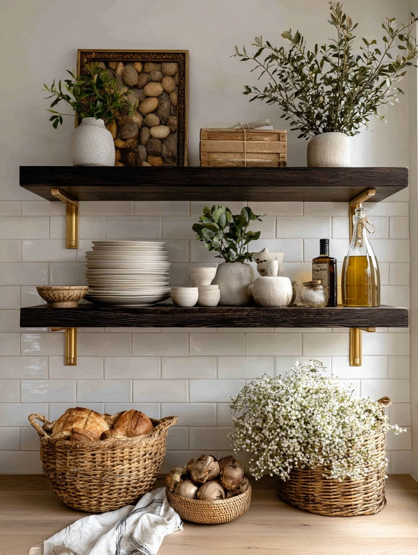 The secret to beautiful floating shelves isn't just the shelves. It's the details.

Floating shelves give us something every kitchen needs more of: visible space.

A place to display the things you actually use and love.

Beautiful dinnerware.

Favorite bowls.

Cookbooks.

Mini plants.

Collected pieces that make a kitchen feel personal rather than purely functional.

But if there's one detail that instantly takes floating shelves from ordinary to designer-inspired, it's the gold brackets.

That subtle touch of gold adds warmth, elegance, and structure while creating a beautiful contrast against rich wood tones. It's a small detail that makes a surprisingly big impact.

And at Elegant & Driven, we always say one thing about floating shelves:

Thickness matters.

Extra-thick wooden shelves feel grounded, substantial, and timeless. They become an architectural feature rather than an afterthought.

The formula is simple:

✨ Extra-thick wooden shelves
✨ Elegant gold brackets
✨ Beautiful everyday dishes and bowls
✨ A few natural elements like plants or flowers

The result is a kitchen that feels organized, elevated, and lived in.

Because the most beautiful kitchens don't hide everything behind cabinet doors.

They thoughtfully display the pieces that make everyday life a little more beautiful.

#HomeDecor #ElegantAndDriven #FloatingShelves #KitchenDecor #OpenShelving 

 #LTKHome