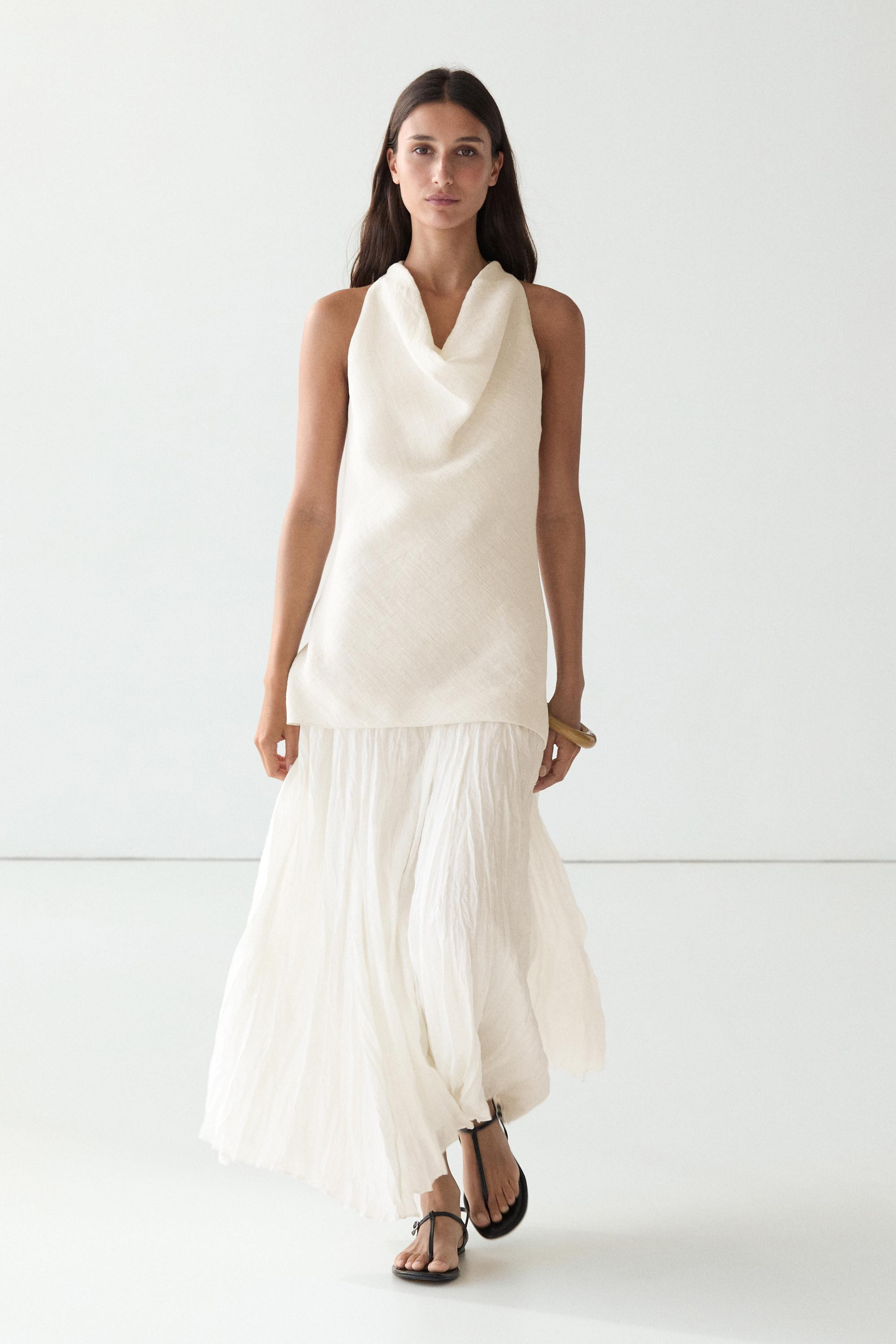 Combined flowing pleated linen dress | Massimo Dutti US