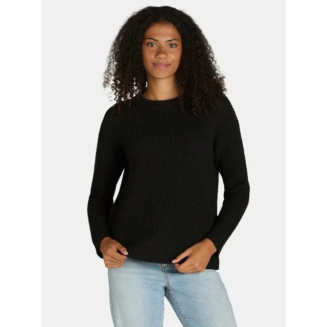 Time and Tru Women's and Women's Plus Waffle Stitch Sweater with Long Sleeves, Midweight, Sizes X... | Walmart (US)