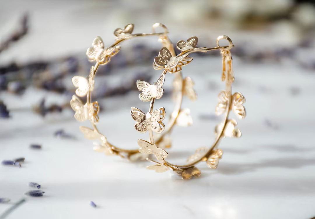 Gold Butterfly Earrings, Big Hoop Earrings, Insect Earrings, Bohemian Nature Woodland Gift for He... | Etsy (US)