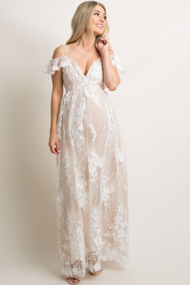 Ivory Floral Embroidered Mesh Maternity Evening Gown | PinkBlush Maternity