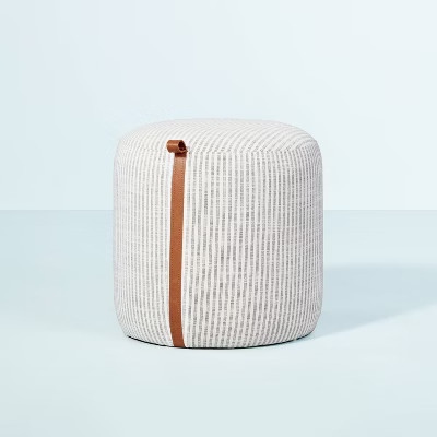 Round Fabric Ottoman with Faux Leather Trim - Cream/Gray Stripes - Hearth & Hand™ with Magnolia | Target