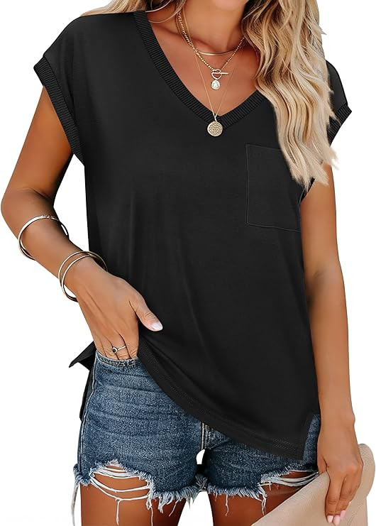 ANRABESS Womens Tops Summer V Neck T Shirts Cap Sleeve Work Dressy Casual Cute Trendy Side Slit T... | Amazon (US)