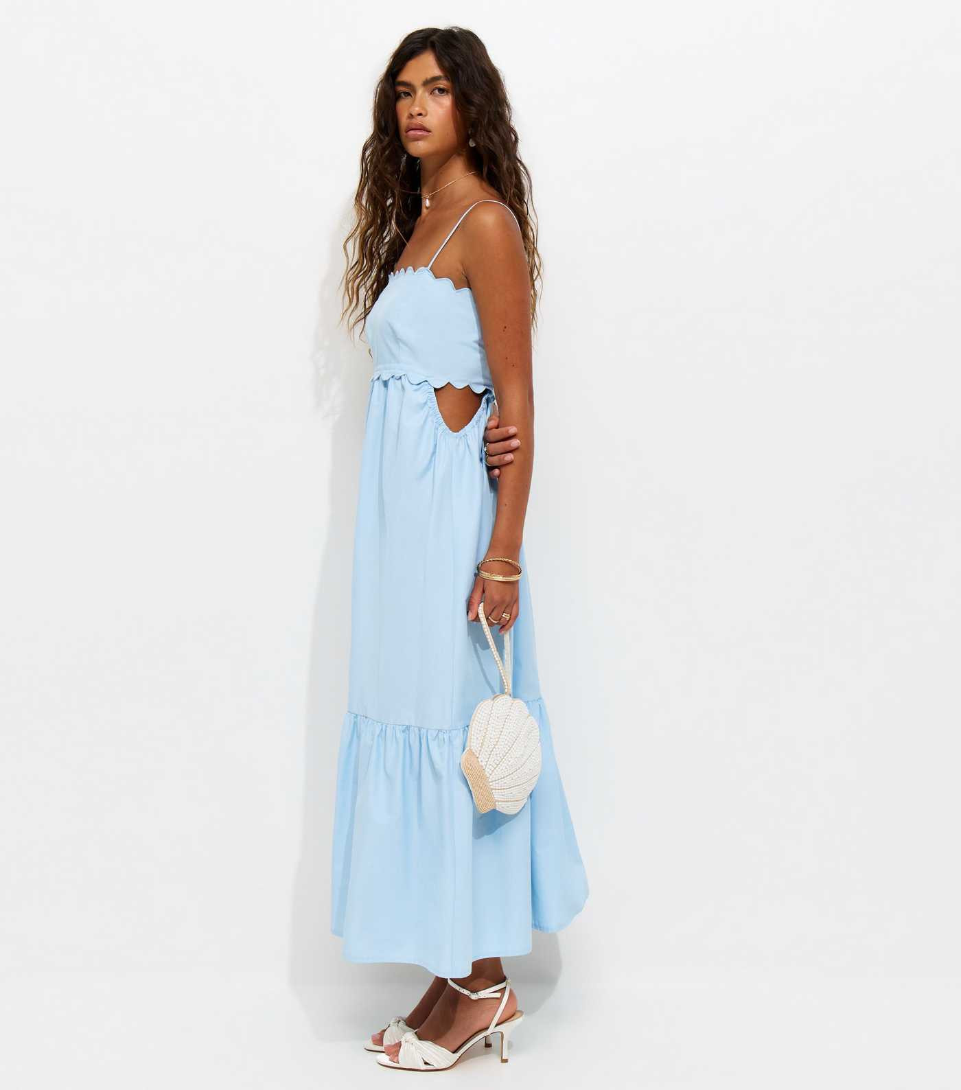 Light Blue Scalloped Edge Strappy Poplin Midi Dress | New Look | New Look (UK)