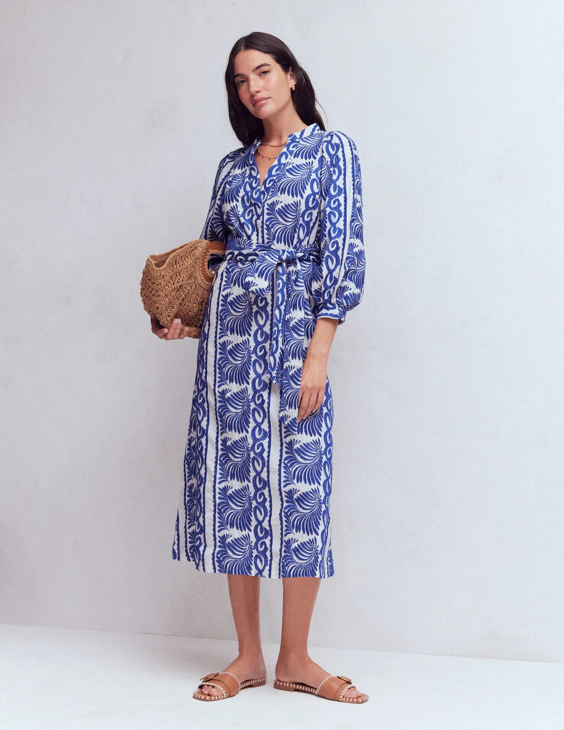 Octavia Cotton Dress-Blue Ivory Embroidery | Boden (US)