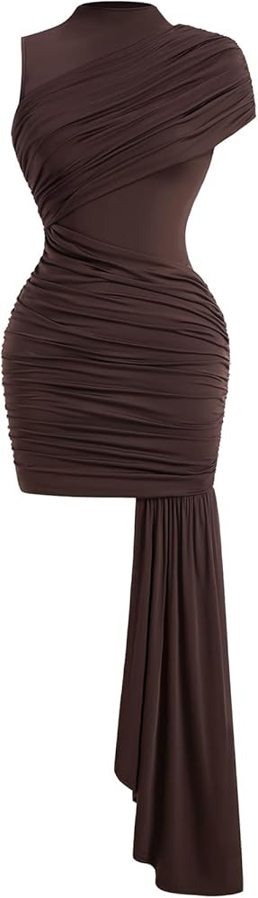 Women's Elegant Ruched Bodycon Dress Summer Mock Neck Asymmetrical Mini Evening Party Cocktail Dr... | Amazon (US)