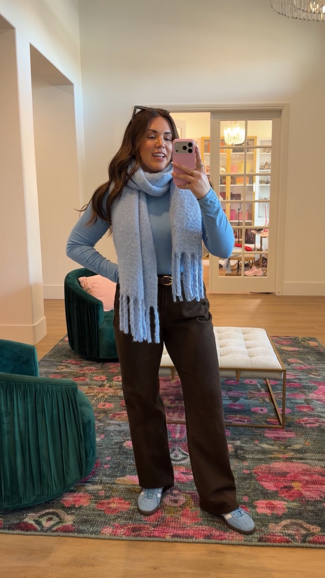 curvy midsize ice blue color trend outfits! wearing size 12 in blue top, size large in puffer corduroy jacket, and size 30 in chocolate brown denim  🩵🤎 

#LTKSeasonal #LTKFindsUnder100 #LTKMidsize