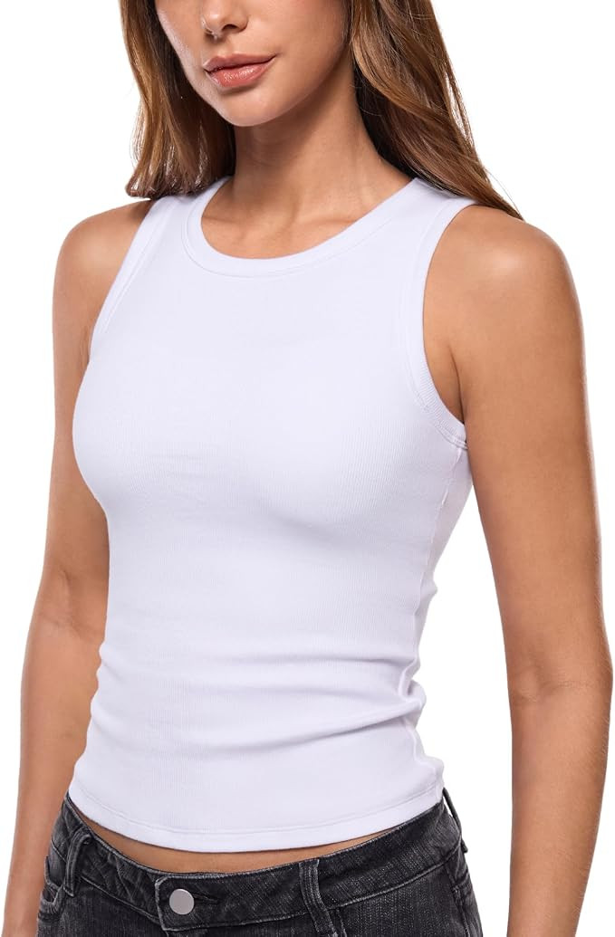 INLYRIC Women's Cotton Ribbed Padded Tank Top Built in Bra High Neck Basic | Amazon (US)