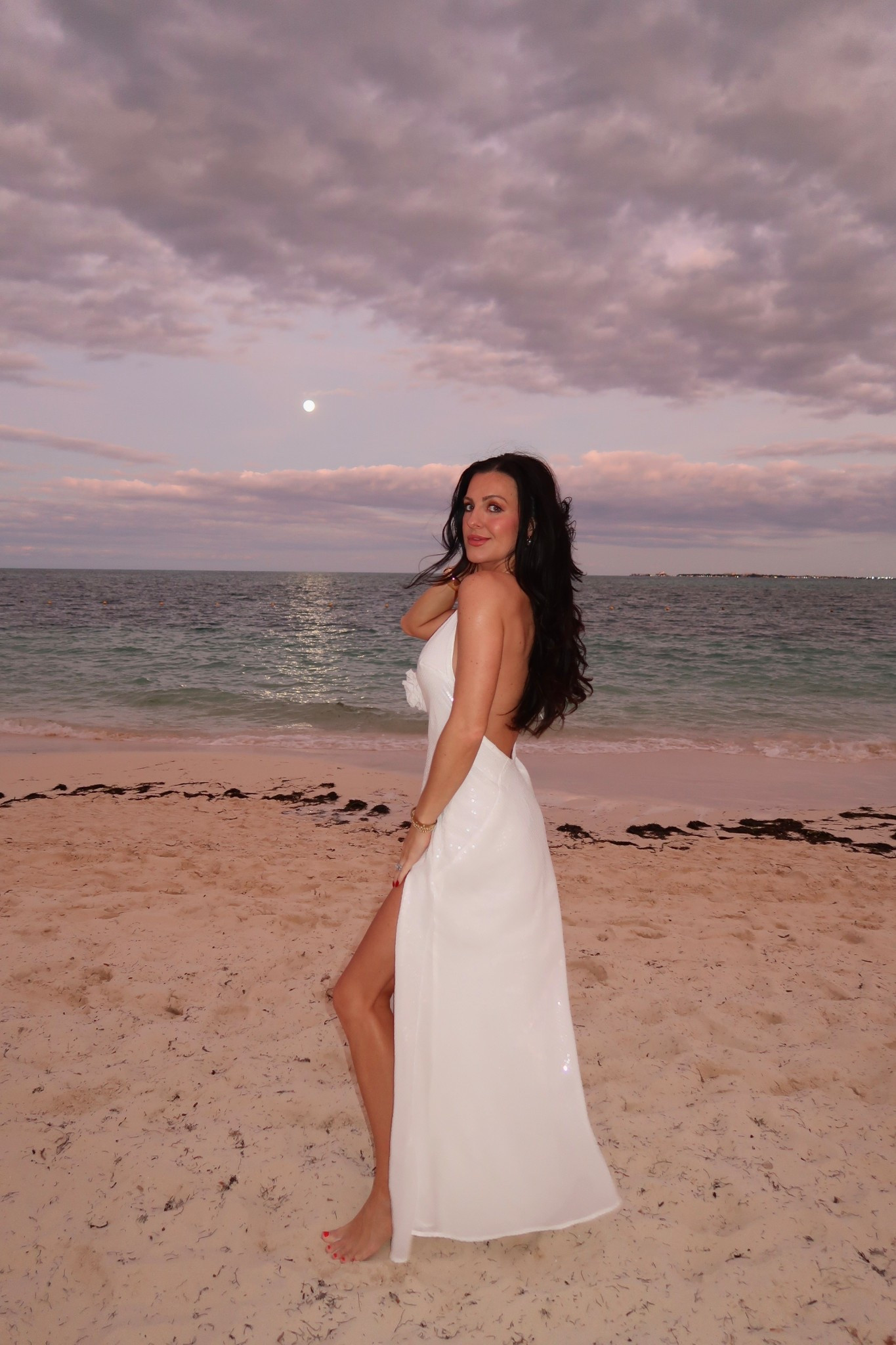 White sequin beach dress Bardot 