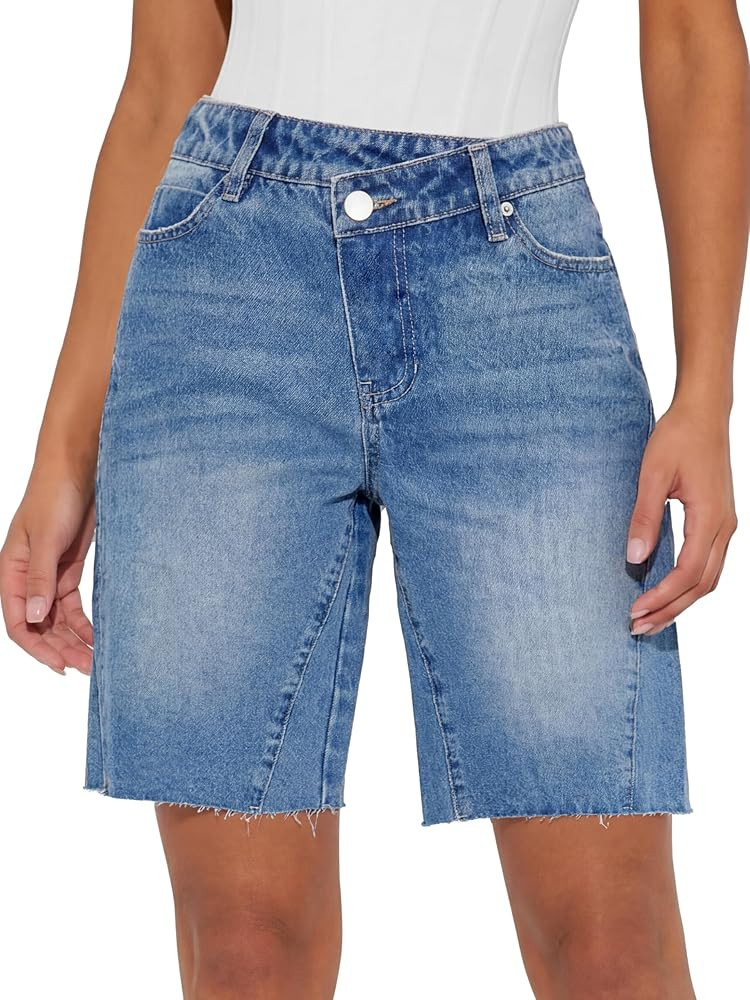 ANRABESS Womens Bermuda Jean Shorts 2026 Summer Knee Length Stretchy Crossover Wide Leg Mid Waist... | Amazon (US)