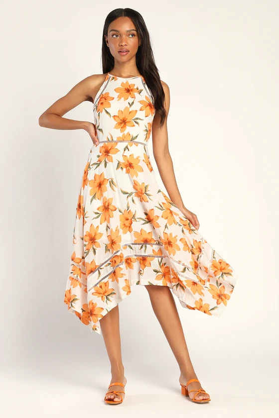 Zahara White and Orange Floral Print Midi Dress | Lulus (US)