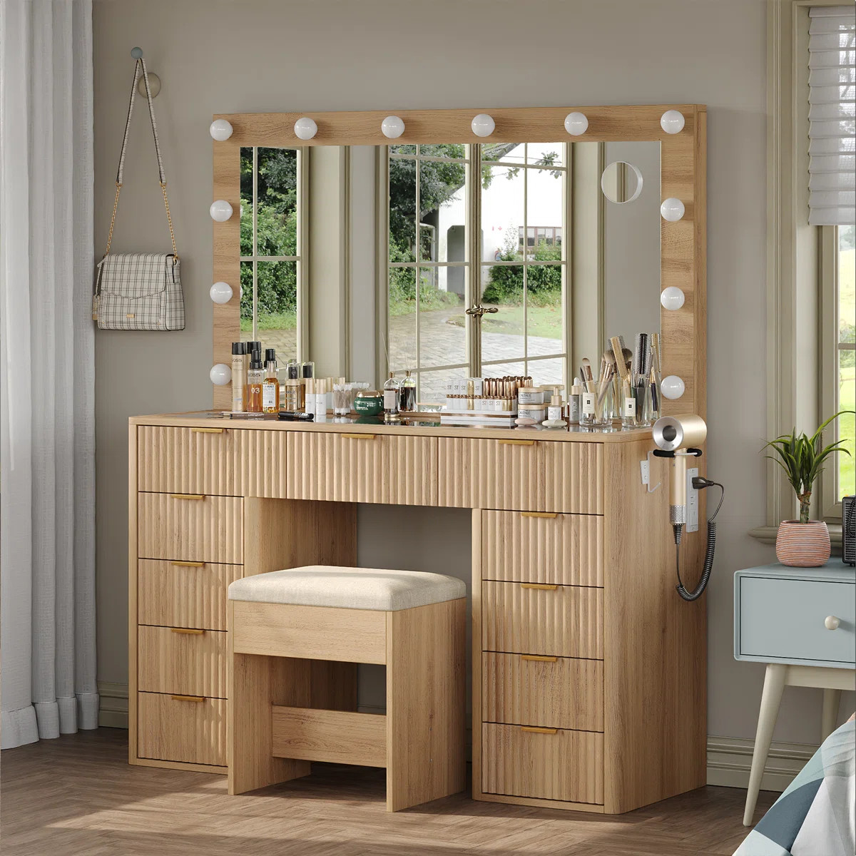 Vanity Desk with Power Outlet, Fluted Makeup Vanity with Lights Mirror, 3 Lighting Modes Adjustab... | Wayfair North America