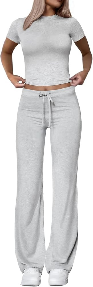 Two Piece Lounge Sets for Women Wide Leg Pants Short Sleeve Crop Tops Y2k Matching Sets Travel Ou... | Amazon (US)