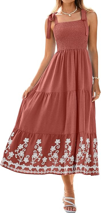 BerryGo Women's Summer Boho Maxi Dress Smocked Spaghetti Strap Embroidery Casual Beach Vacation S... | Amazon (US)