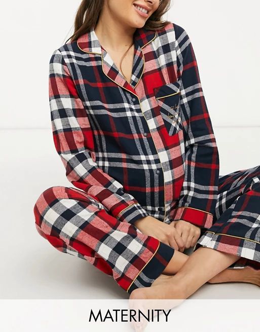 Chelsea Peers Maternity organic cotton mixed check long revere pajama set in red and navy | ASOS | ASOS (Global)